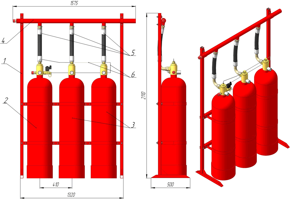 Установка газового пожаротушения из трёх МГП (60-80-32) «АТАКА»